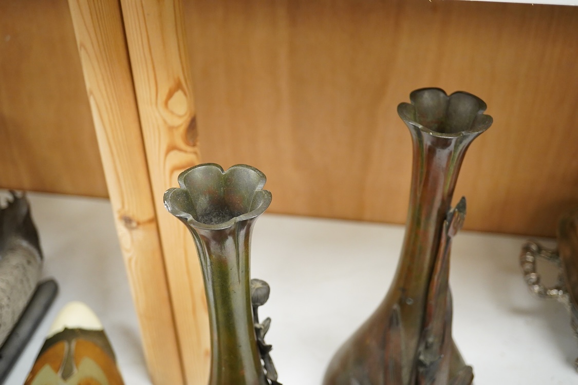 A pair of Japanese Meiji bronze floral vases, 36.5cm high